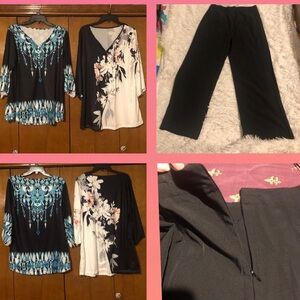 Black and White Floral Blouse Set with Black Pants